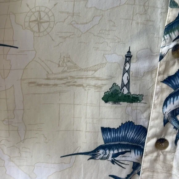 HOOK & TACKLE Swordfish Lighthouse Fishing Nautical Map Button Down Size Medium - Picture 4 of 11